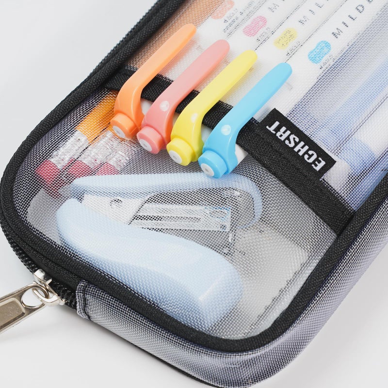 ECHSRT Water-Resistant Mesh Pencil Case with Zipper, Clear Grid Pencil Pouch for School, Office & Travel, 2 Compartments for Pens, Makeup, Art Supplies - Lightweight, Transparent (Black) - Image 5
