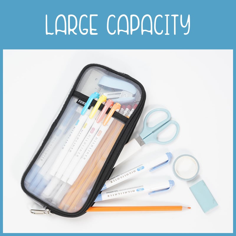 ECHSRT Water-Resistant Mesh Pencil Case with Zipper, Clear Grid Pencil Pouch for School, Office & Travel, 2 Compartments for Pens, Makeup, Art Supplies - Lightweight, Transparent (Black) - Image 2