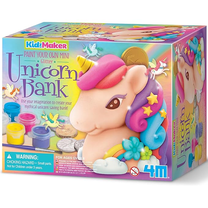 4M KidzMaker قم بطلاء مجموعة أدوات الحرف اليدوية الخاصة بك Mini Glitter Unicorn Bank - قم بتزيين بنك النقود يونيكورن الخزفي بالدهانات واللمعان والفرشاة والملصقات وهدية DIY الإبداعية للأطفال الذين تتراوح أعمارهم بين 8+