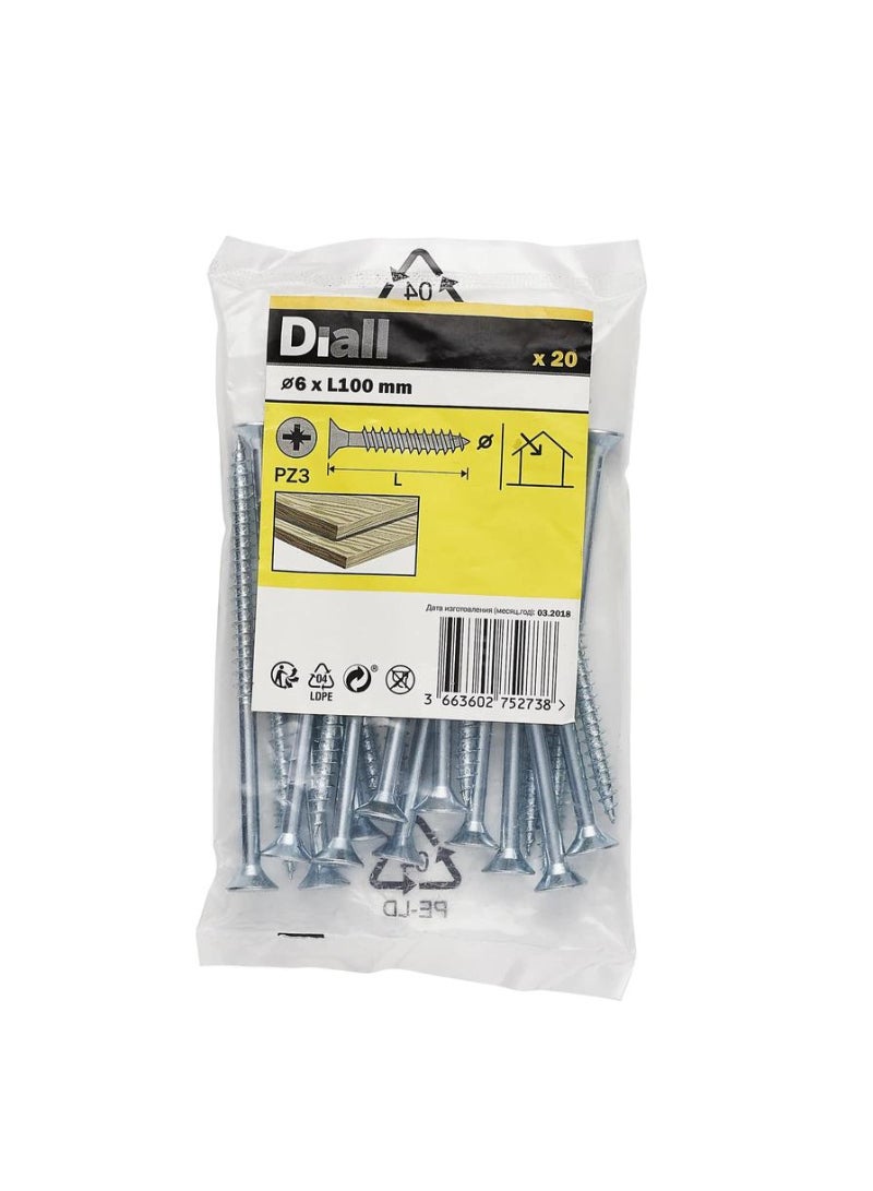 Zinc Plated Carbon Steel Wood Screw Pack 6 X 100 Mm 20 Piece