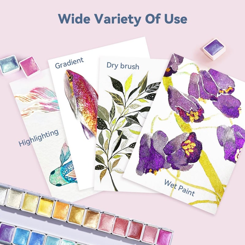 Paul Rubens Artist Watercolor Paints-Metallic Glitter Solid Colors-Pink Portable Metal Case with Palette-24 Color Set Sparkle Watercolor - Image 2