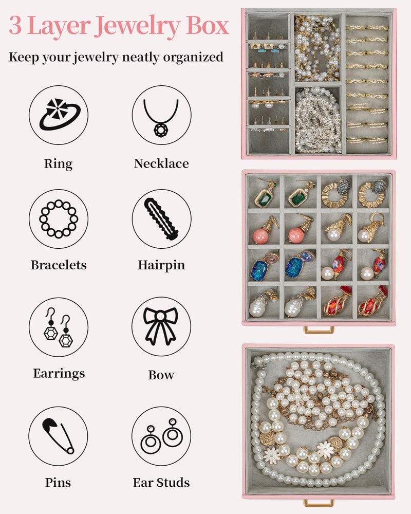 TORIBIO Jewelry Box for Women, Leather Jewelry Organizer with Mirror & Lock, 3-Tier Jewelry Storage Organizer with 2 Drawers for Girls/Women/Mothers, Necklace Earring Bracelets Holder Organizer - Image 4