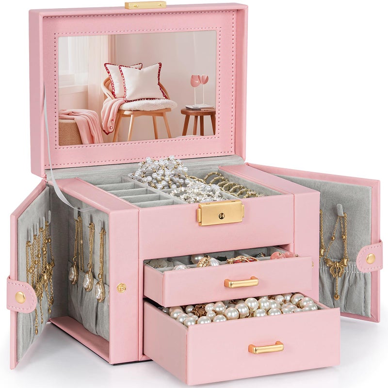 TORIBIO Jewelry Box for Women, Leather Jewelry Organizer with Mirror & Lock, 3-Tier Jewelry Storage Organizer with 2 Drawers for Girls/Women/Mothers, Necklace Earring Bracelets Holder Organizer - Image 1