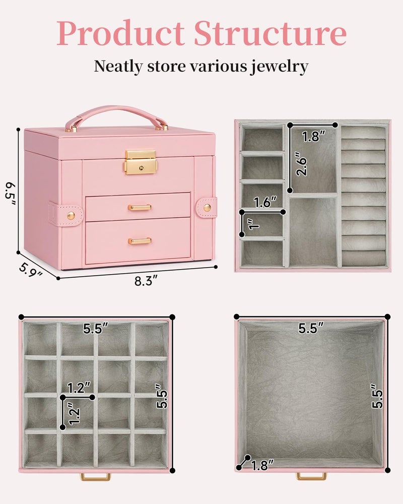 TORIBIO Jewelry Box for Women, Leather Jewelry Organizer with Mirror & Lock, 3-Tier Jewelry Storage Organizer with 2 Drawers for Girls/Women/Mothers, Necklace Earring Bracelets Holder Organizer - Image 2