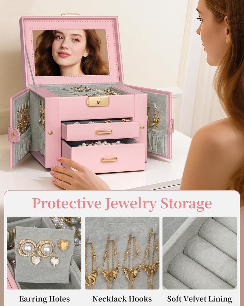 TORIBIO Jewelry Box for Women, Leather Jewelry Organizer with Mirror & Lock, 3-Tier Jewelry Storage Organizer with 2 Drawers for Girls/Women/Mothers, Necklace Earring Bracelets Holder Organizer - Image 5
