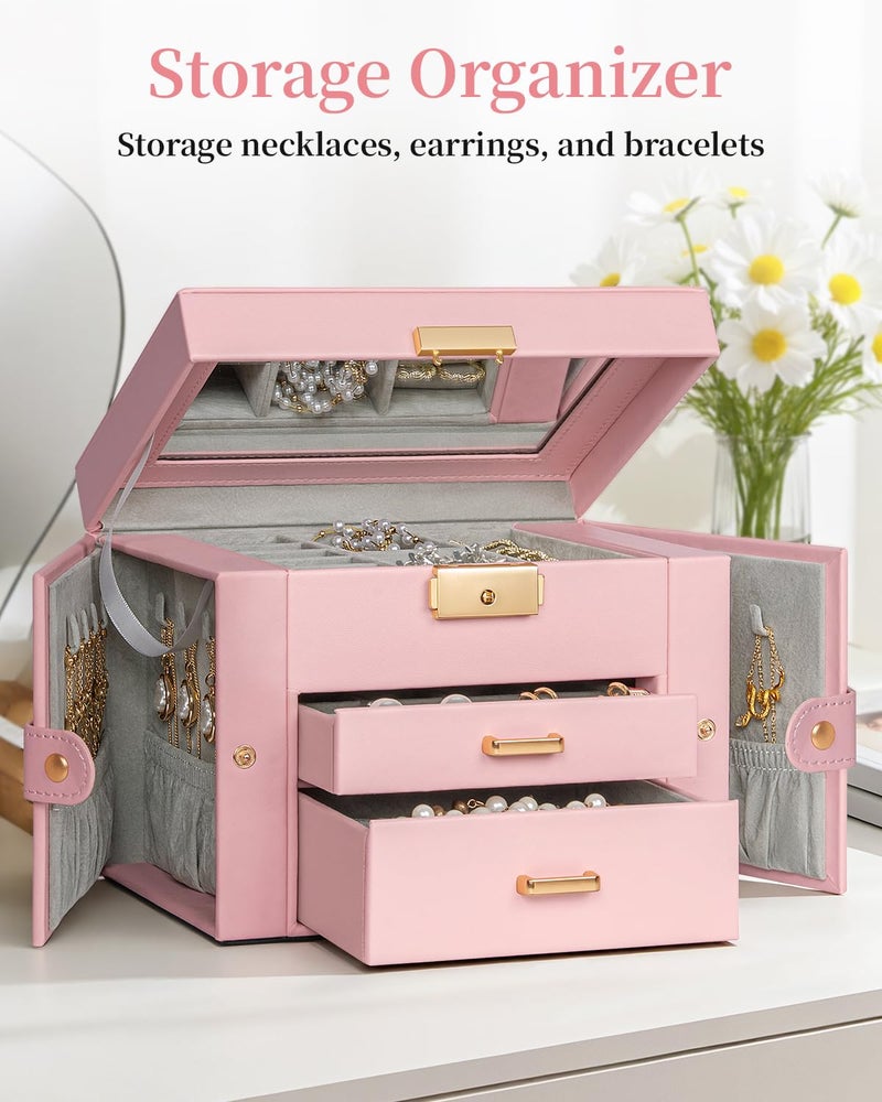 TORIBIO Jewelry Box for Women, Leather Jewelry Organizer with Mirror & Lock, 3-Tier Jewelry Storage Organizer with 2 Drawers for Girls/Women/Mothers, Necklace Earring Bracelets Holder Organizer - Image 3