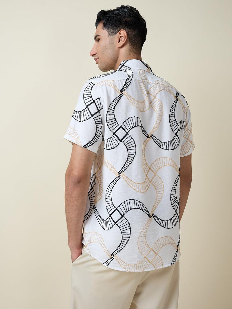 Thomas Scott Mens Half Sleeves Embroidered Casual Shirt (TS1694_White, L) - Image 4