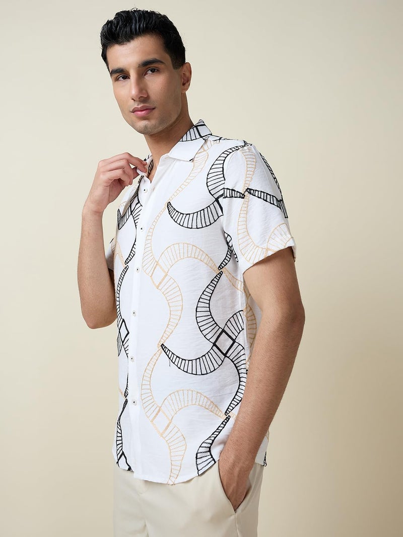 Thomas Scott Mens Half Sleeves Embroidered Casual Shirt (TS1694_White, L) - Image 3