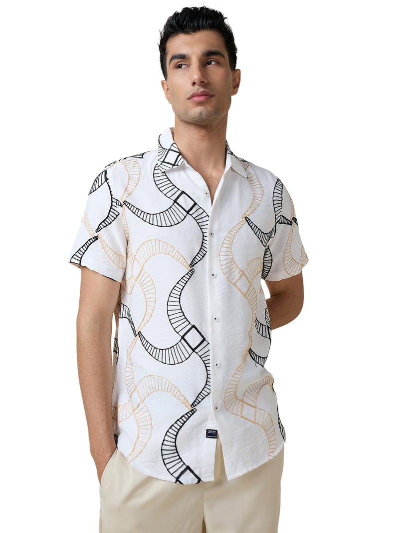 Thomas Scott Mens Half Sleeves Embroidered Casual Shirt (TS1694_White, L) - Image 1