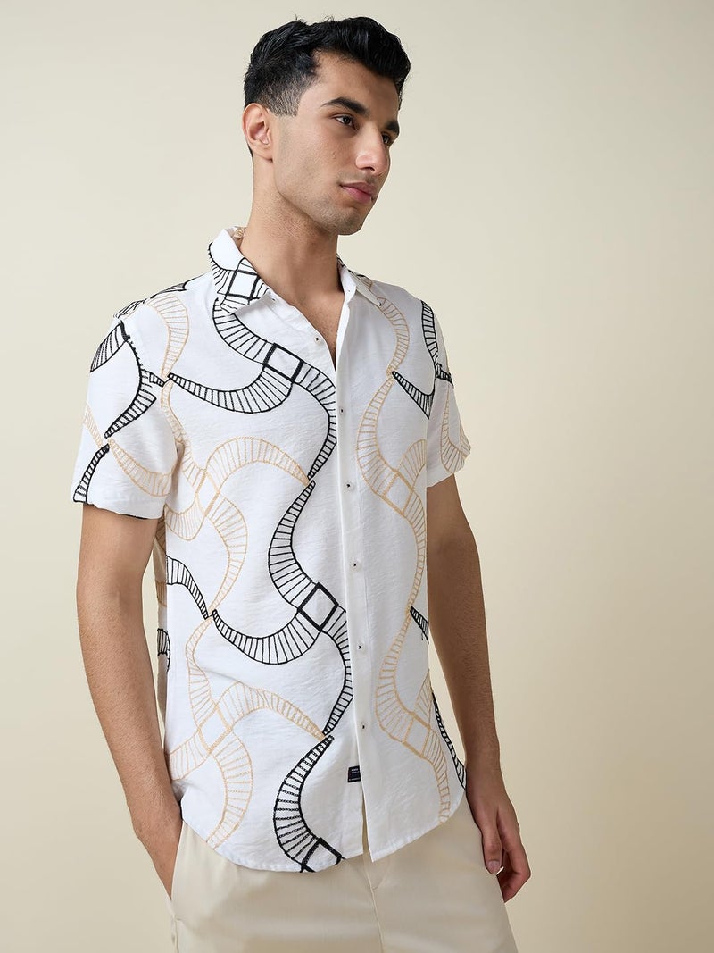 Thomas Scott Mens Half Sleeves Embroidered Casual Shirt (TS1694_White, L) - Image 2