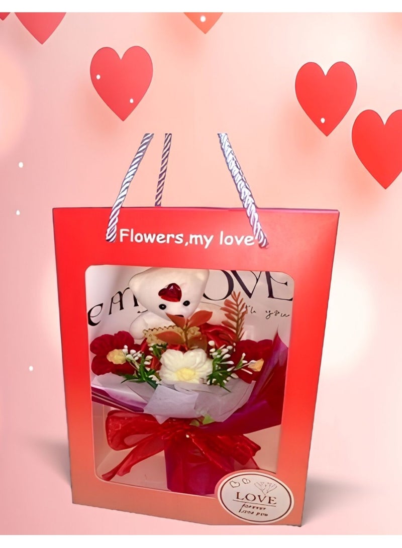 Box bag bouquet artificial roses aesthetic flower bouquet and teddy bear gift for Valentine's Day, occasions and birthday - Image 1