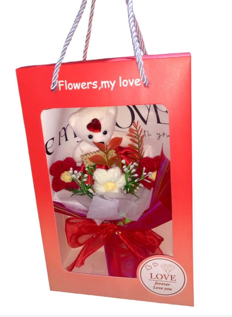 Box bag bouquet artificial roses aesthetic flower bouquet and teddy bear gift for Valentine's Day, occasions and birthday - Image 2