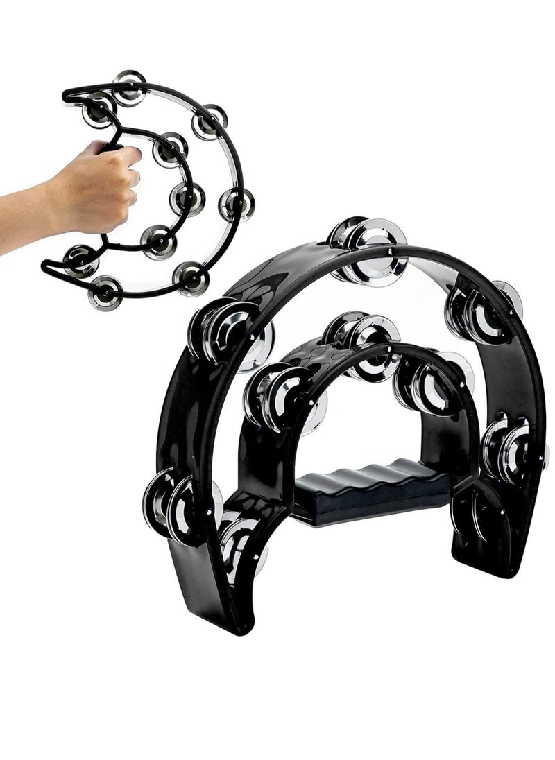 Mike Music - Tambourine Double Row Metal Jingles Hand Held Percussion Half-Moon Tambourines Musical Instrument Gifts for Kids, Adults, KTV, Party - Black - Image 1