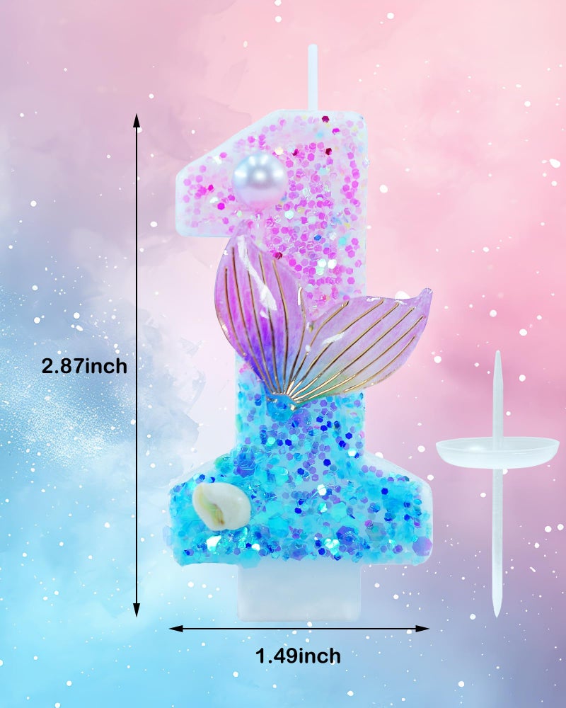 fauaoy Mermaid Themed Birthday Candles, Number 1 Girls Glitter Birthday Party Supplies,Anniversary Party Decor,2.87 inch Cake Topper Decorations (Mermaid Themed, Number 1) - Image 3