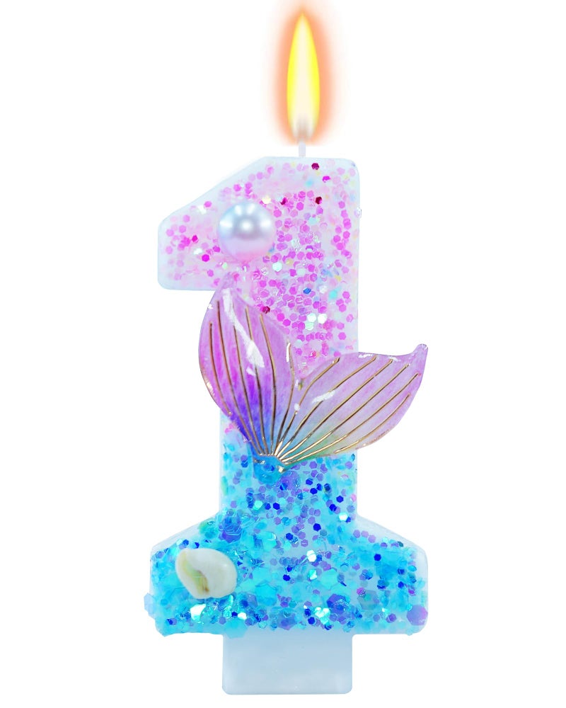 fauaoy Mermaid Themed Birthday Candles, Number 1 Girls Glitter Birthday Party Supplies,Anniversary Party Decor,2.87 inch Cake Topper Decorations (Mermaid Themed, Number 1) - Image 1