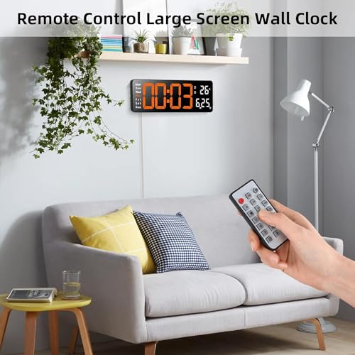 R RUNILEX Plastic Digital Wall Clock Large Display Digital Clock With Remote Control Date Day Week Temperature Display For Home & Office (Black, 32 X 10.5 X 2.7 Cm, Organge Digit) - Image 5