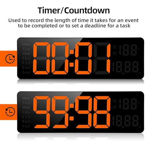 R RUNILEX Plastic Digital Wall Clock Large Display Digital Clock With Remote Control Date Day Week Temperature Display For Home & Office (Black, 32 X 10.5 X 2.7 Cm, Organge Digit) - Image 3
