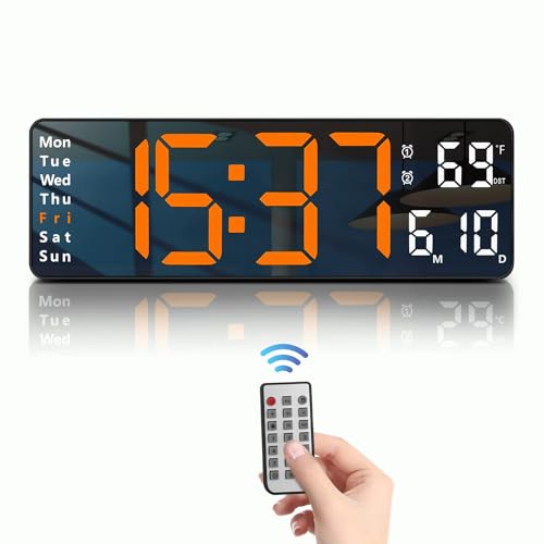 R RUNILEX Plastic Digital Wall Clock Large Display Digital Clock With Remote Control Date Day Week Temperature Display For Home & Office (Black, 32 X 10.5 X 2.7 Cm, Organge Digit) - Image 1