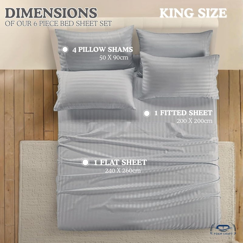 FOAM CRAFT Hotel Quality 6-Piece Stripe Bed Sheet Set - Light Grey, King - Image 2
