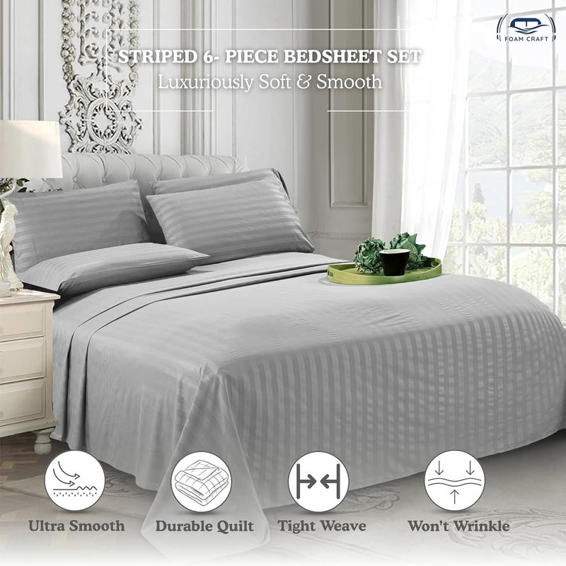 FOAM CRAFT Hotel Quality 6-Piece Stripe Bed Sheet Set - Light Grey, King - Image 3