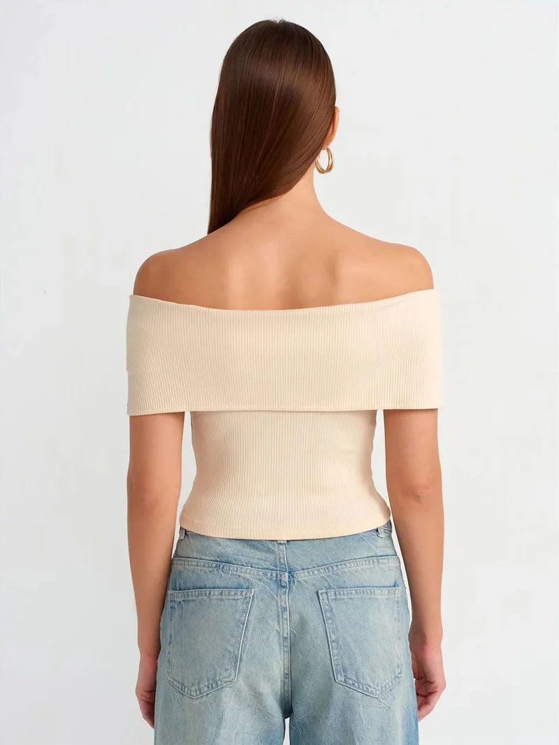 ديلفين Dilvin Women's Off-shoulder Crop T-shirt With Zipper