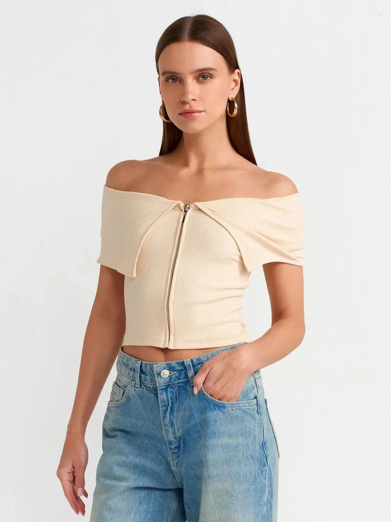 ديلفين Dilvin Women's Off-shoulder Crop T-shirt With Zipper
