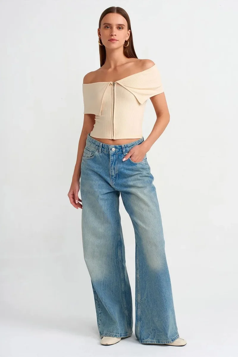 Dilvin Cream Natural DILVIN Women's Off-shoulder Crop T-shirt With Zipper for Women | Best Price UAE