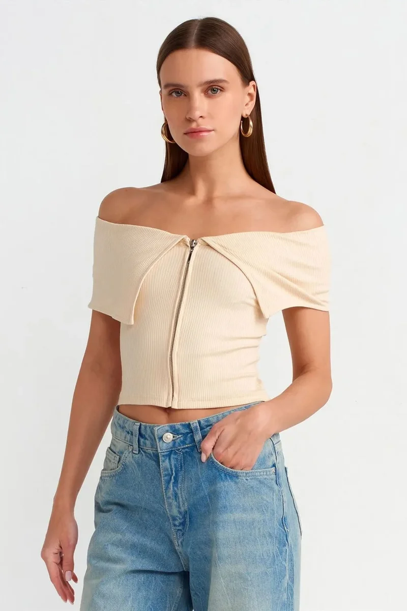 ديلفين DILVIN Women's Off-shoulder Crop T-shirt With Zipper