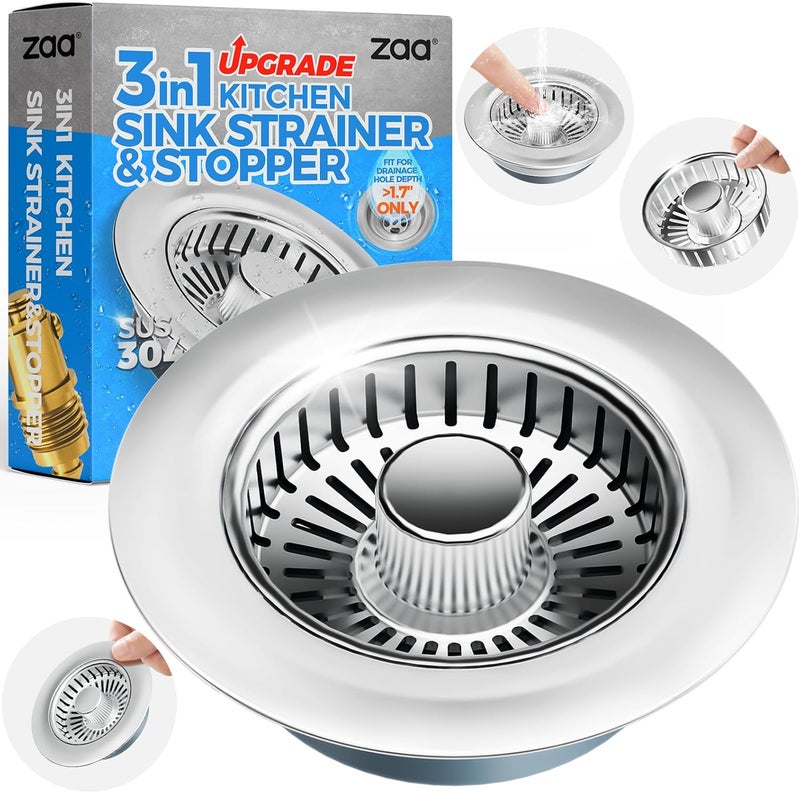 zaa Kitchen Sink Drain Strainer - Kitchen Sink Stopper, 304 Stainless Steel Sink Drain Stopper, Sink Protector for Kitchen with Anti-Clog Filter, Fit US Standard 3-1/2'' Sink Drain Hole, Silver - Image 1