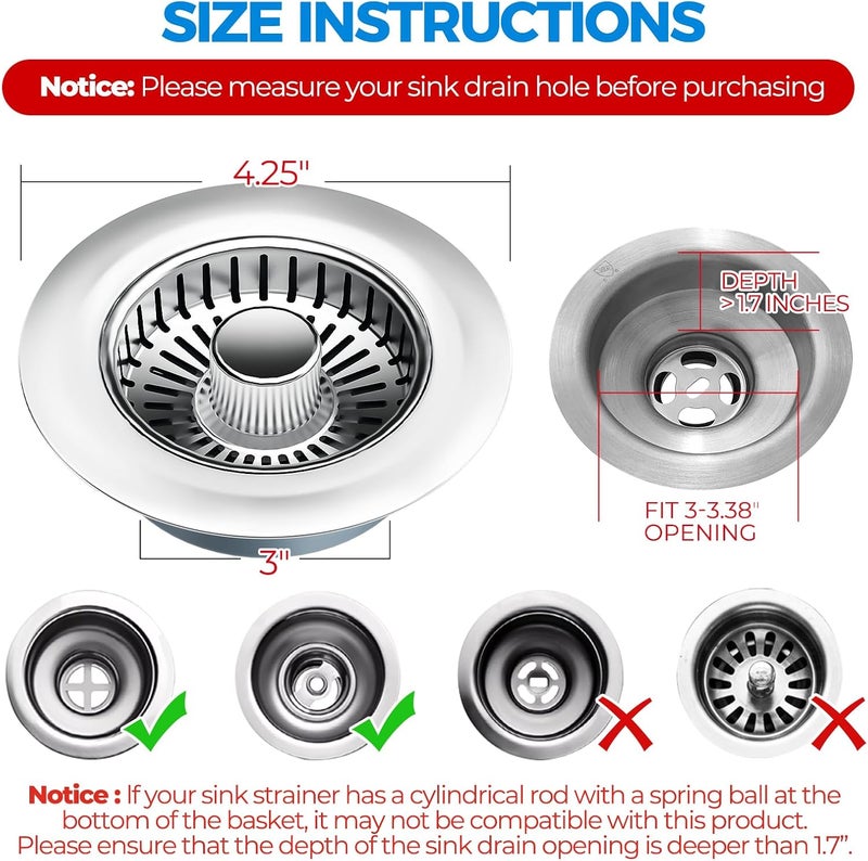zaa Kitchen Sink Drain Strainer - Kitchen Sink Stopper, 304 Stainless Steel Sink Drain Stopper, Sink Protector for Kitchen with Anti-Clog Filter, Fit US Standard 3-1/2'' Sink Drain Hole, Silver - Image 5