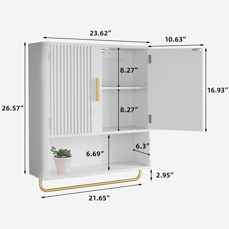 Memobarco Bathroom Cabinet Wall Mount with Fluted Door Panel & Adjustable Shelf, Medicine Cabinet with Open Partition and Towel Bar, Wall Storage Cabinet for Laundry Room & Kitchen (White) - Image 2