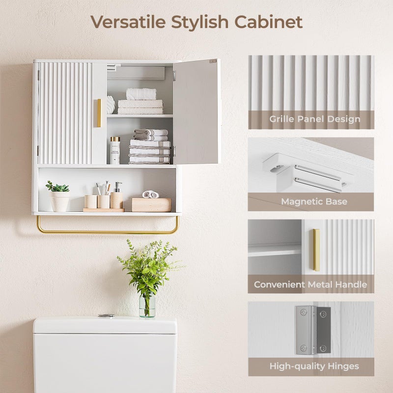 Memobarco Bathroom Cabinet Wall Mount with Fluted Door Panel & Adjustable Shelf, Medicine Cabinet with Open Partition and Towel Bar, Wall Storage Cabinet for Laundry Room & Kitchen (White) - Image 3