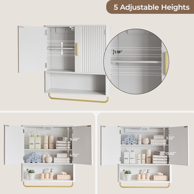 Memobarco Bathroom Cabinet Wall Mount with Fluted Door Panel & Adjustable Shelf, Medicine Cabinet with Open Partition and Towel Bar, Wall Storage Cabinet for Laundry Room & Kitchen (White) - Image 4