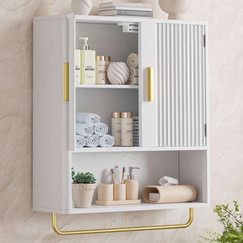 Memobarco Bathroom Cabinet Wall Mount with Fluted Door Panel & Adjustable Shelf, Medicine Cabinet with Open Partition and Towel Bar, Wall Storage Cabinet for Laundry Room & Kitchen (White) - Image 1
