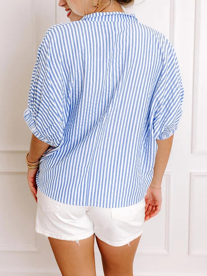 Samefar Plus Size Ladies Tops and Blouses Striped V Neck Shirts Short Sleeve Womens Tops Dressy Casual Work Spring Tees Trendy Vertical Blue XX-Large - Image 4