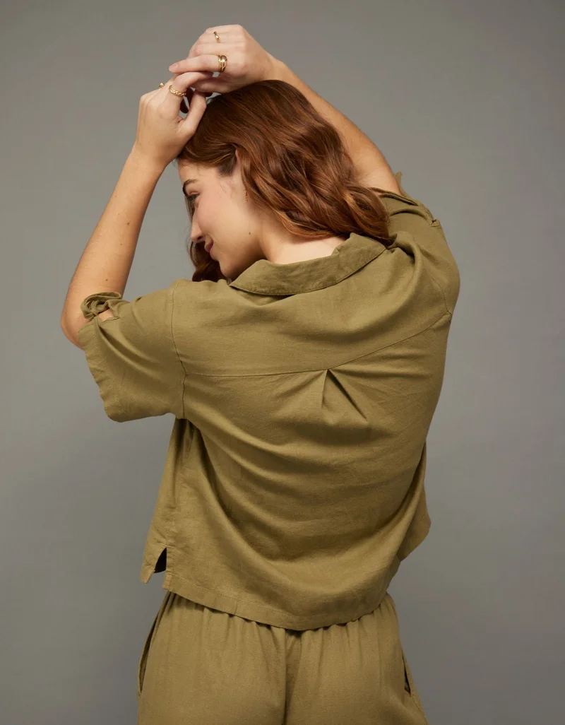 American Eagle  AE Linen-Blend Button-Up Shirt for Women | Best Price UAE