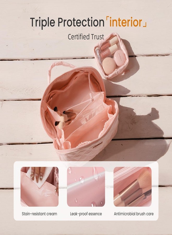 لوف فوك حقيبة مكياج للسفر من لوففوك للنساء، قطعتان من منظم مستحضرات التجميل المقاوم للماء، حقيبة أدوات تجميل صغيرة مسطحة ذات سعة كبيرة مع حجرة للفرشاة ومقبض (وردي، متوسط) - Image 5