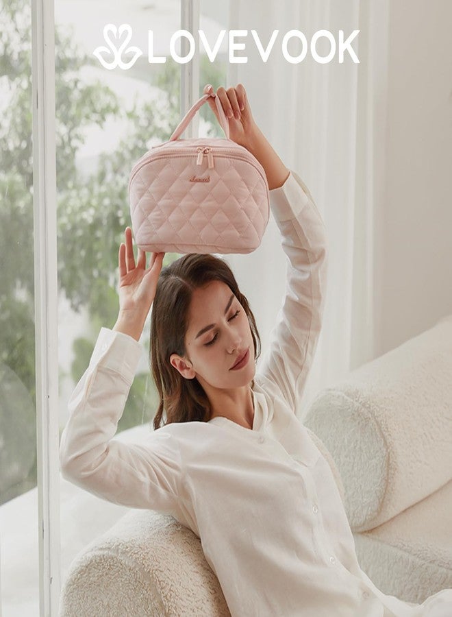 لوف فوك حقيبة مكياج للسفر من لوففوك للنساء، قطعتان من منظم مستحضرات التجميل المقاوم للماء، حقيبة أدوات تجميل صغيرة مسطحة ذات سعة كبيرة مع حجرة للفرشاة ومقبض (وردي، متوسط) - Image 2