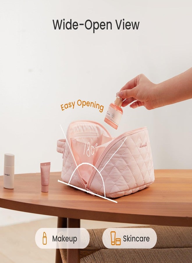 لوف فوك حقيبة مكياج للسفر من لوففوك للنساء، قطعتان من منظم مستحضرات التجميل المقاوم للماء، حقيبة أدوات تجميل صغيرة مسطحة ذات سعة كبيرة مع حجرة للفرشاة ومقبض (وردي، متوسط) - Image 3