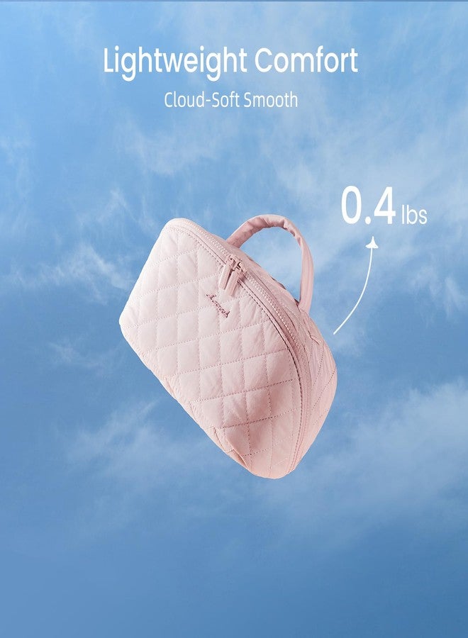 لوف فوك حقيبة مكياج للسفر من لوففوك للنساء، قطعتان من منظم مستحضرات التجميل المقاوم للماء، حقيبة أدوات تجميل صغيرة مسطحة ذات سعة كبيرة مع حجرة للفرشاة ومقبض (وردي، متوسط) - Image 4