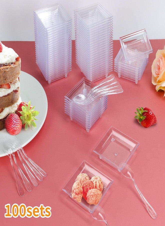 GothaBach 100 Sets 2.4'' Mini Dessert Plates With Tasting Spoons, Clear Disposable Plastic Tray, Square Dish for Sauce, Dessert, Fruit or Appetizer - Image 5