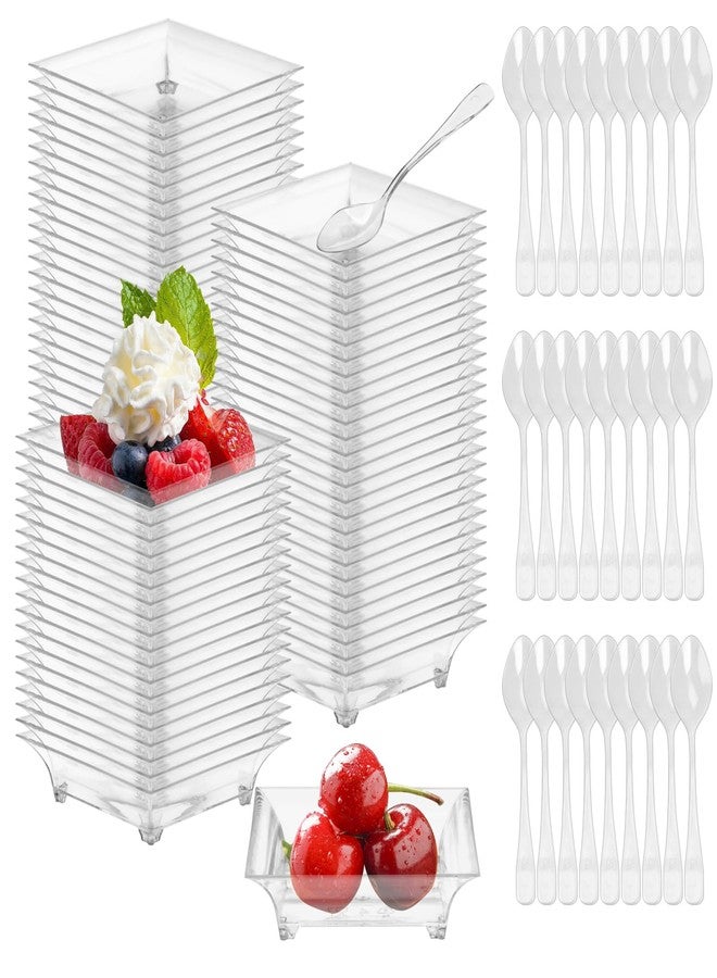 GothaBach 100 Sets 2.4'' Mini Dessert Plates With Tasting Spoons, Clear Disposable Plastic Tray, Square Dish for Sauce, Dessert, Fruit or Appetizer - Image 1