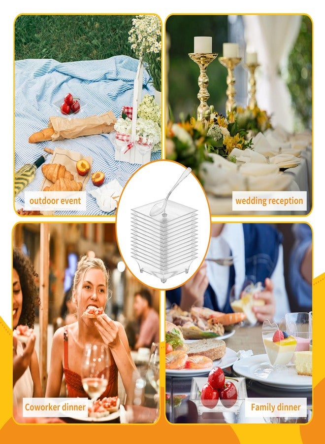GothaBach 100 Sets 2.4'' Mini Dessert Plates With Tasting Spoons, Clear Disposable Plastic Tray, Square Dish for Sauce, Dessert, Fruit or Appetizer - Image 4