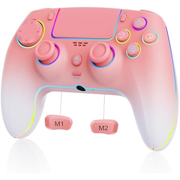 WIRELESS PINK WHITE GRADIENT CONTROLLER FOR PS5 PRO/PLAYSTATION-5/PC/MAC/STEAM DECK WITH HALL EFFECT JOYSTICK TRIGGER/BACK PADDLES/COOL RGB/TURBO/HEADPHONE JACK - BUILT-IN SPEAKERS SUPPORT P-S5