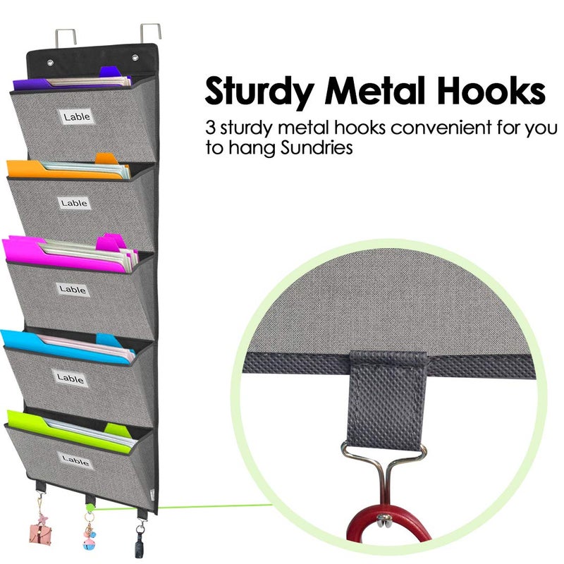 homyfort Over the Door File Organizer, Wall Hanging File Folders with 5 Large Pocket for Mails, Magazines, Back to School Supplies,Office Chart Storage, Paper Organization (Grey) - Image 5