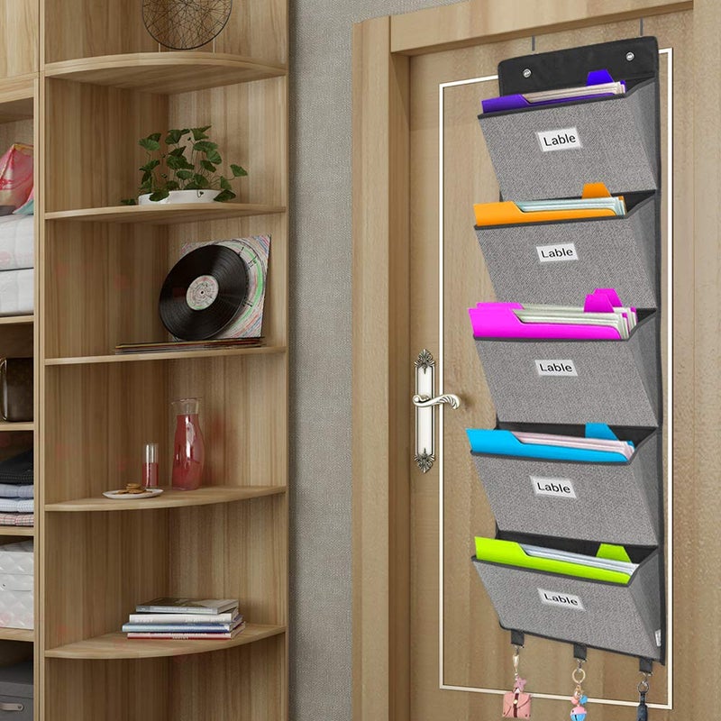 homyfort Over the Door File Organizer, Wall Hanging File Folders with 5 Large Pocket for Mails, Magazines, Back to School Supplies,Office Chart Storage, Paper Organization (Grey) - Image 2