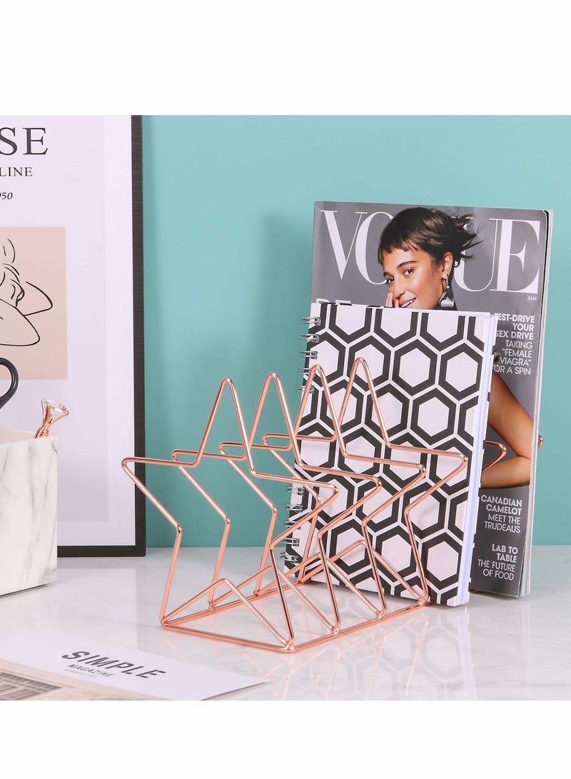 Excefore File Sorter, Wire 5 Slot Magazine Holder Rack, Pentastar Shape, Decorative Desk Office Supplies Organizer for Mail, Folder, Magazine, Book and More, Rose Gold - Image 3