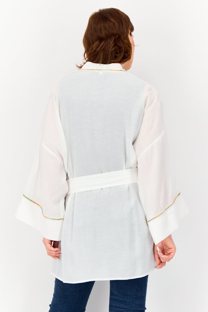 KOTON Women Split Neck Long Sleeves Belted Kimono, White - Image 3