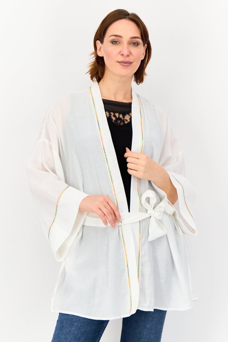 KOTON Women Split Neck Long Sleeves Belted Kimono, White - Image 1