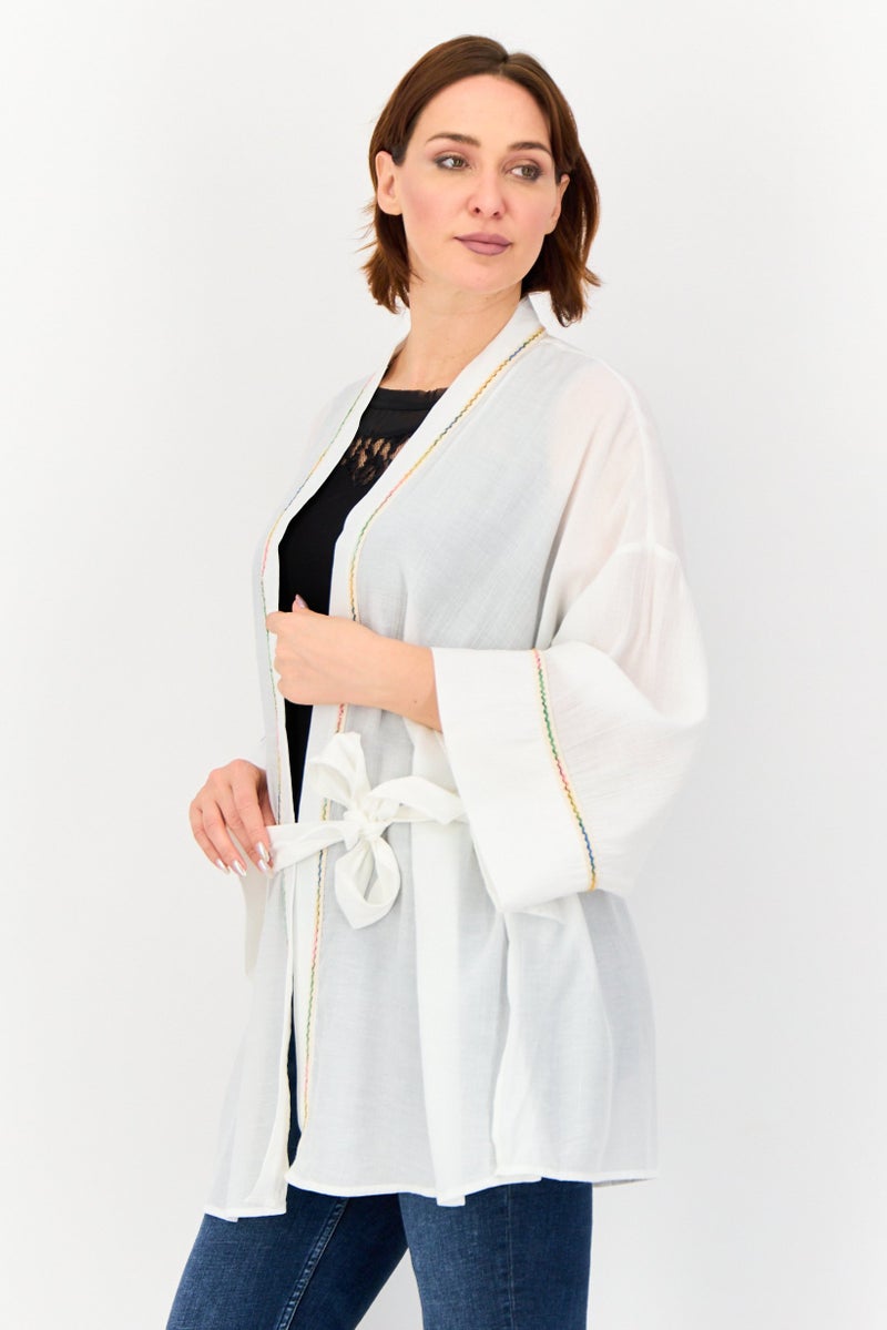 KOTON Women Split Neck Long Sleeves Belted Kimono, White - Image 2